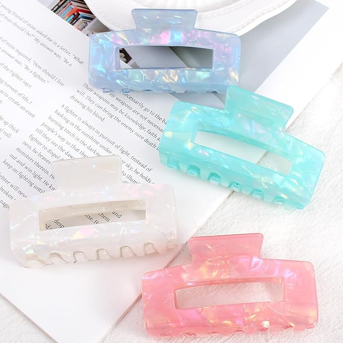 Jayongnee Hair Claw Clips - 4Pcs Medium Clips for Thick or Thin Hair - Square Claw for Women - Rectangle Hair Clips Nonslip Acrylic Hair Accessories for Girls (pink,white,blue,green)