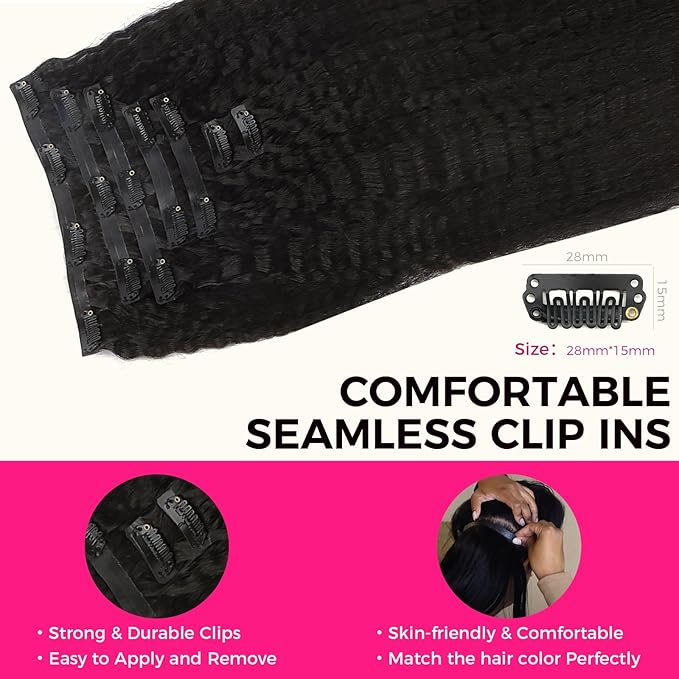 Lashey Seamless Clip in Hair Extensions Human Hair #1 Jet Black Kinky Straight Clip in Hair Extensions Real Human Hair 7pcs 110g 20 Inch PU Weft Natural Hair Extension for Women