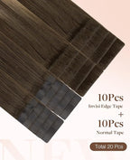 GOO GOO Invisi Edge Tape in Hair Extensions Human Hair, 4/27/4 Balayage Chocolate Brown to Caramel Blonde 10pcs injected with 10pcs classical tape ins, 14inch 50g, Virgin Remy Hair, Natural Look