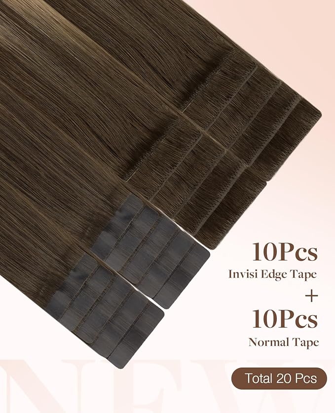 GOO GOO Invisi Edge Tape in Hair Extensions Human Hair, 4/27/4 Balayage Chocolate Brown to Caramel Blonde 10pcs injected with 10pcs classical tape ins, 14inch 50g, Virgin Remy Hair, Natural Look