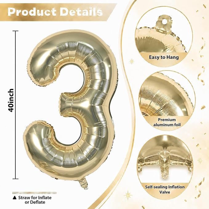 Champagne Gold Number 3 Balloon, 40 Inch Giant Light Gold Number Balloons 0-9 - Image 2