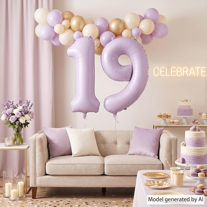 Cream Purple Number 19 Balloon 40 Inch, Foil Digits - Image 3