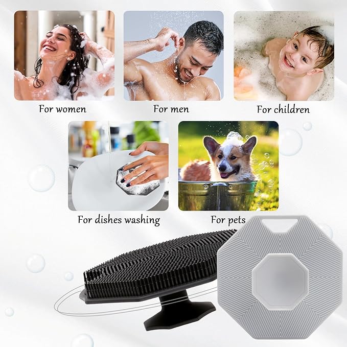 3Pack Silicone Body Scrubber, Qewro Body Buffer Exfoliating Brush with Silicone Loofah, Bath & Body Brushes for Men Women Kids Pets use in Shower, Scalp Exfoliator Hair Shampoo Skin Cleaning Brush