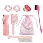7pcs Hair Essentials Set: Spray Bottle, Detangling Brush, Scalp Massager, Brow & Lash Grooming Tool, Styling Comb, and Fabric Hair Tie - For All Ages and Relaxation at Home