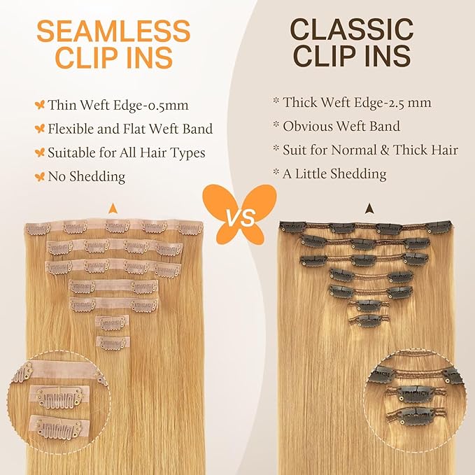 DOORES Seamless Clip in Hair Extensions, Honey Blonde 110g 7pcs 14 Inch, Thick Clip in Human Hair Extensions Straight Trick Seamless Invisi Edge Weft