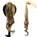 Chicmoi Chocolate Brown Ponytail Extainson with Blonde Highlight 32 Inch Flexible Wrap Around Ponytail Hair Extension Long Wavy Pony Tails hair Extension Synthetic Hairpieces For Women and Girls