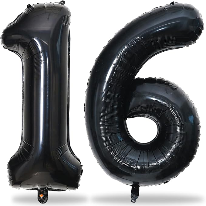 Black 16th Birthday Balloons for Boys Girls, 40 Inch Big Black Mylar Foil by Lingqiang