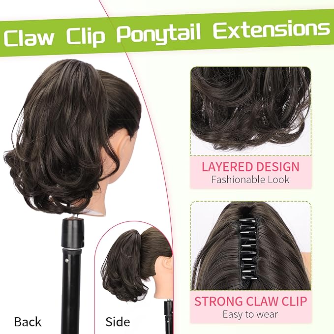 KooKaStyle Ponytail Extension, 10" Short Claw Clip in Pony Tails Hair Extensions Curly Wavy Synthetic Drawstring Ponytail Hairpieces for Women Girls Dark Brown