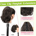 KooKaStyle Ponytail Extension, 10" Short Claw Clip in Pony Tails Hair Extensions Curly Wavy Synthetic Drawstring Ponytail Hairpieces for Women Girls Dark Brown