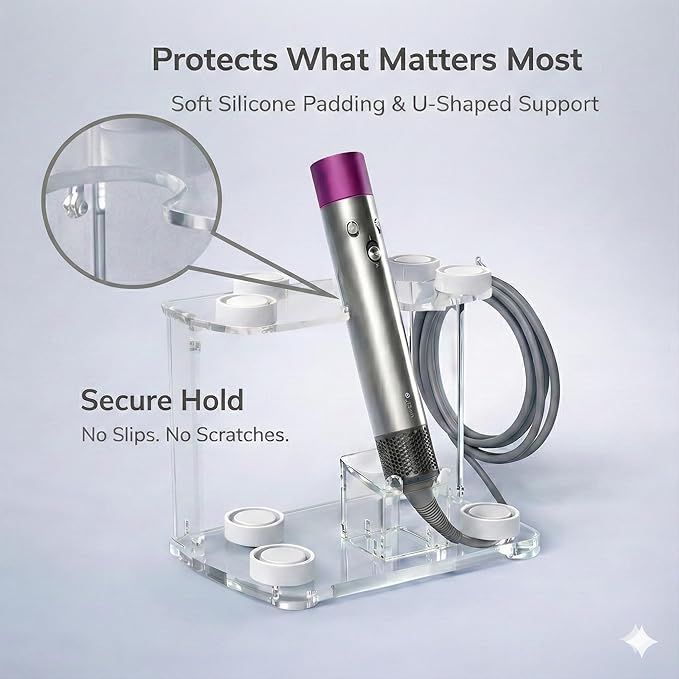 Dyson Airwrap Holder by Chorten Nyima, Dyson Airwrap Organizer with 8 Slots, Clear Acrylic Stand for Shark Hair Dryer Holder, Wall-Mounted or Freestanding with Silicone Pads Bathroom Vanity Table