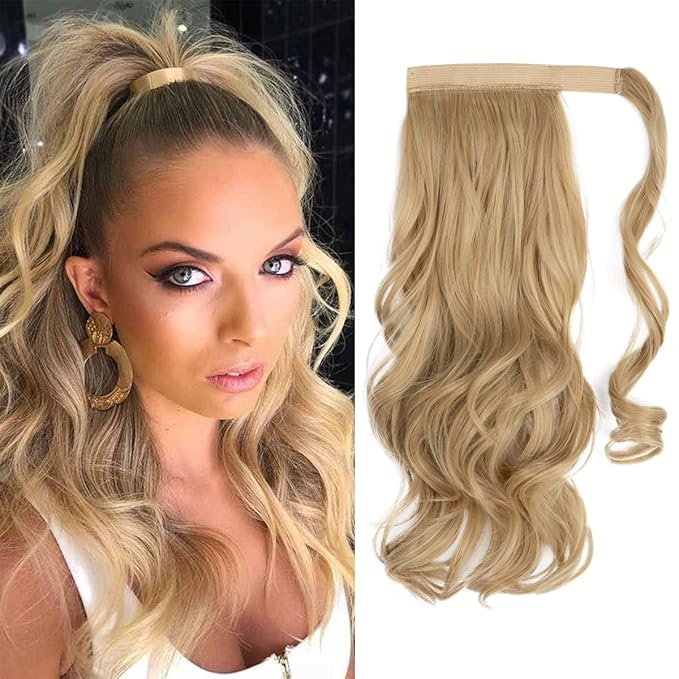 CJL HAIR 18" Long Ponytail Hair Extension Wrap Around Pony Tail Clip in Curly Wavy Synthetic Fake Hairpiece for Women Light Honet Blonde
