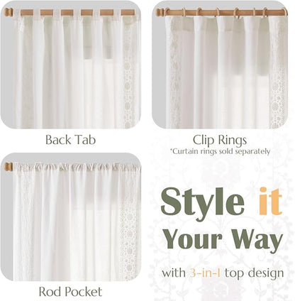 jinchan Floral Linen Curtains Embroidered Back Tab 50x90in 2 Panels White | - Image 7