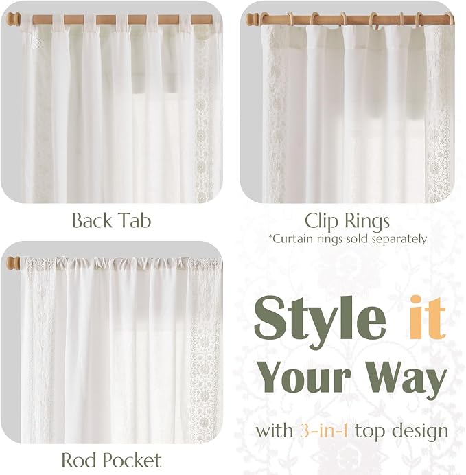 jinchan Floral Linen Curtains Embroidered Back Tab 50x72in 2 Panels White | - Image 4