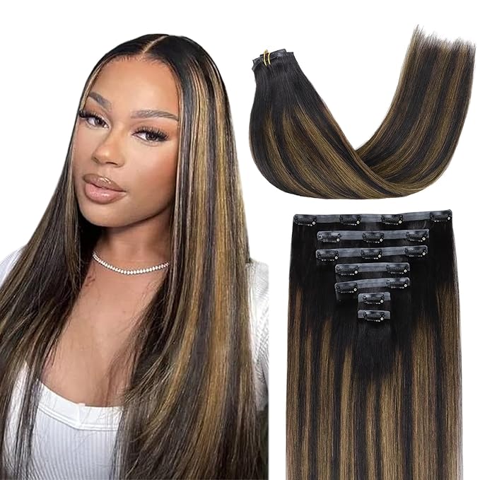Lashey Seamless Clip in Human Hair Extensions 110g 7pcs Light Yaki Straight Natural Black Mixed Chestnut Brown Clip in Hair Extensions for Black Women 24 Inch Long