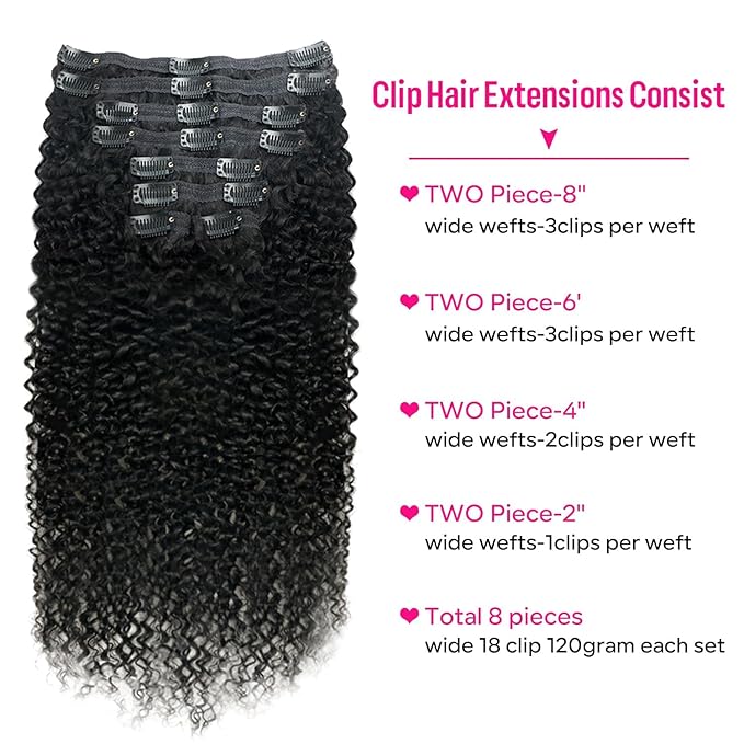 Curly Clip in Hair Extensions for Black Women Brazilian Virgin Human Hair Clip in Extensions 8Pcs Kinky Curly Clip ins Human Hair with 18Clips Double Lace Weft 120g 24nch Natural Black