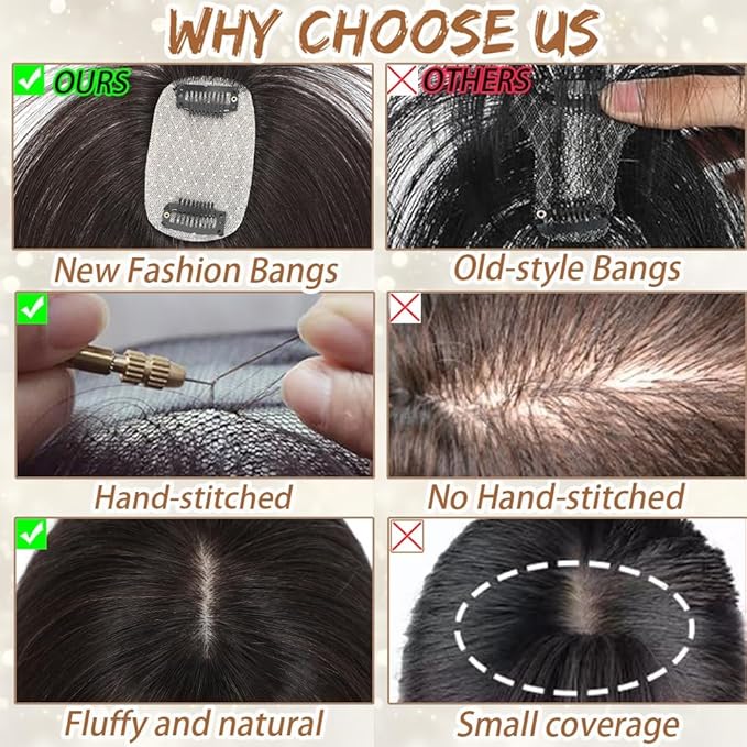 Amchoice Hair Toppers for Women Real Human Hair, Bangs Hair Clip 360° 3D Cover Bangs, Human Hair Toppers for Women Daily(Dark Brown, 3D French Bangs (5 * 9))