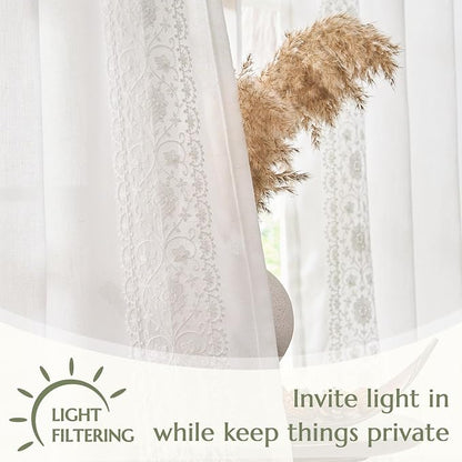 jinchan Floral Linen Curtains Embroidered Back Tab 50x96in 2 Panels White | - Image 6