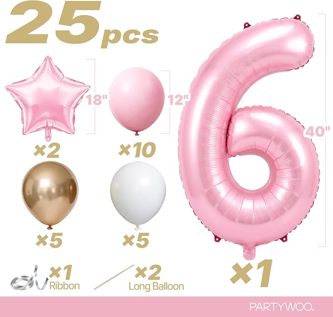 PartyWoo Number Balloons 40 Inch Pink Number 6 Kit 25pcs - Image 2