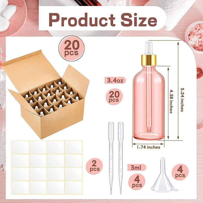 Tessco for you 20 Pack 3.4 oz Glass Dropper Bottles with Glass Eye Droppers for Essential Oils, Empty Oil Bottles with Funnel, Labels and Pipette for Hair Oils Perfume Cosmetic Travel(Pink)
