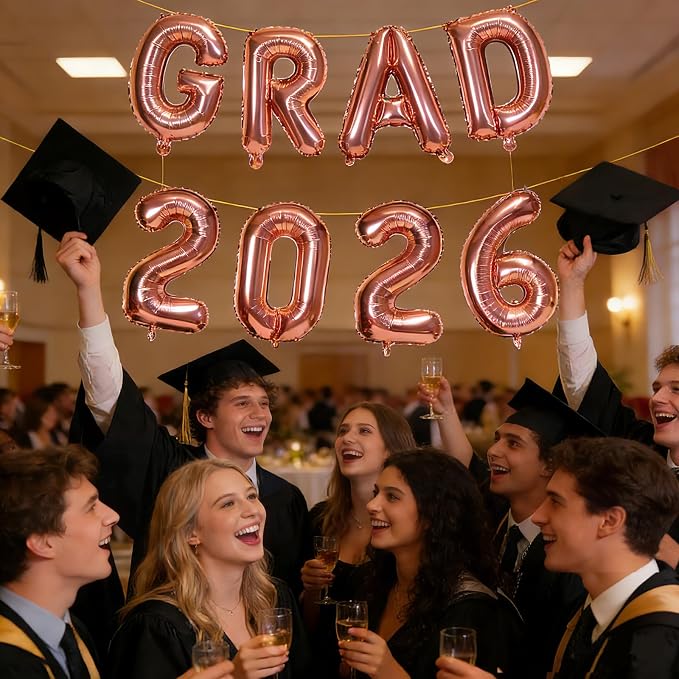 Rose Gold GRAD 2026 Banner Balloons, 16 Inch Mylar Foil letter Graduation - Image 4