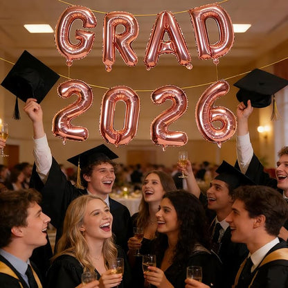 Rose Gold GRAD 2026 Banner Balloons, 16 Inch Mylar Foil letter Graduation - Image 4