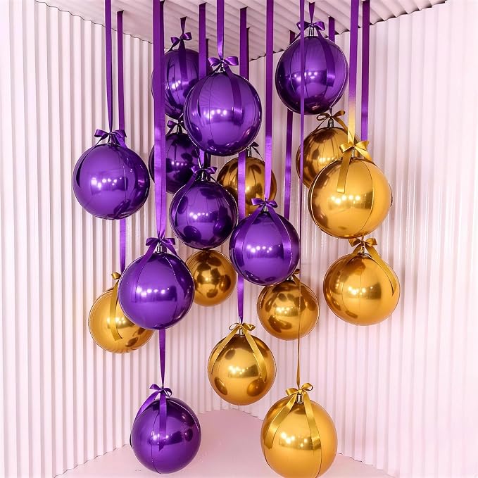 9 Pcs Purple Gold Round Foil Balloons Dark Purple Metallic Gold Chrome 4D Ball - Image 6