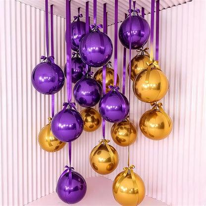 9 Pcs Purple Gold Round Foil Balloons Dark Purple Metallic Gold Chrome 4D Ball - Image 6