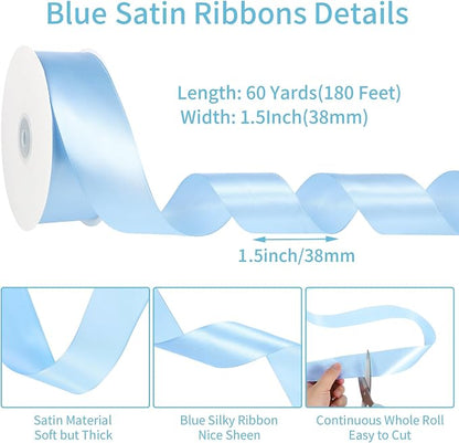 woric Blue Ribbon 1 1/2 Inch 60 Yards Light Baby Blue Satin Ribbon | - Image 2
