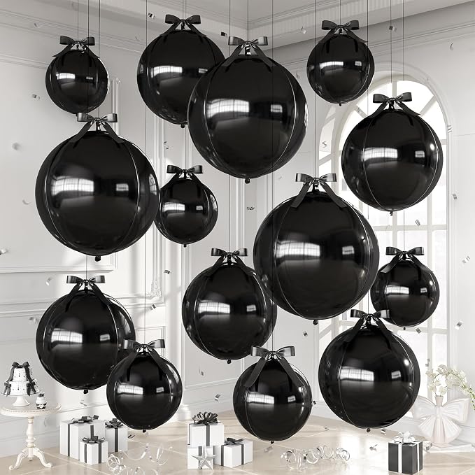 Black Round Foil Balloons with Satin Bows Ribbon by Dagelar