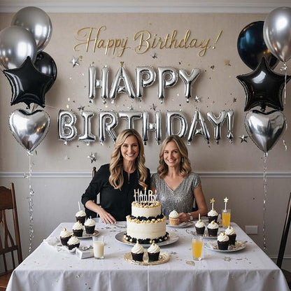 27 Pcs Silver Black Birthday Decorations, 3D Letters Silver Happy Birthday - Image 5