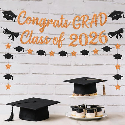 Black and Orange Congrats Grad Banner, Class of 2026 Banner and Graduation Caps - Image 2