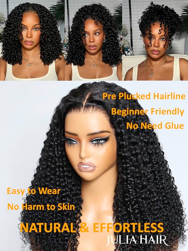 Julia Hair Bye Bye Knots Glueless Wig Curly Pre Cut Lace Front Wigs Human Hair for Women 12A Upgrade 7x5 Lace Closure Wig Pre Plucked with Pre Bleached Knots Put on and Go Natural Color 24 Inch