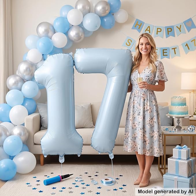 40" Light Blue Foil Number 17 Balloon - Image 3