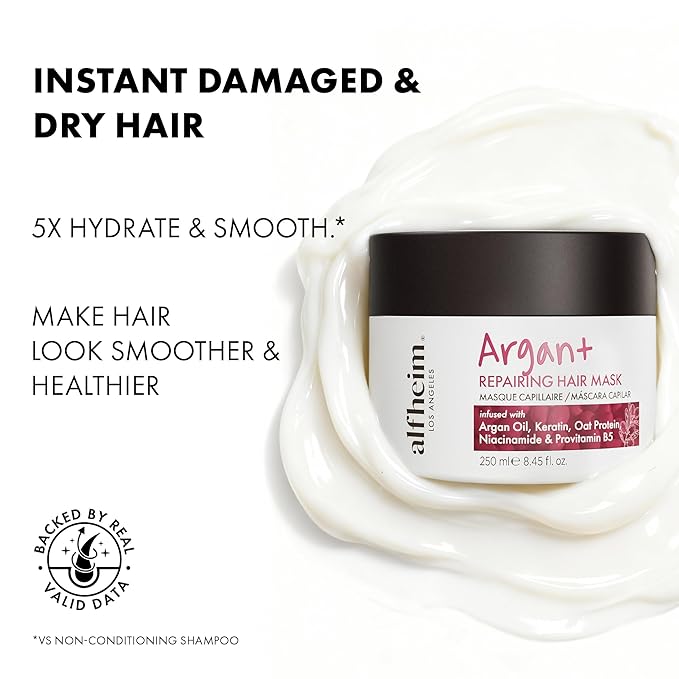ALFHEIM Argan+ Repairing Hair Mask for Dry, Damaged & Frizzy Hair with Argan Oil, Keratin – Deep Conditioning, Shine & Frizz Control – Intensive Hydration, Color Safe, Sulfate Free – 8.45 oz