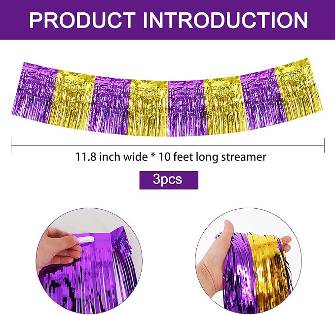 BEISHIDA Purple Gold Fringe Garland Banner 30ft Wall Tinsel Foil Streamers | - Image 2