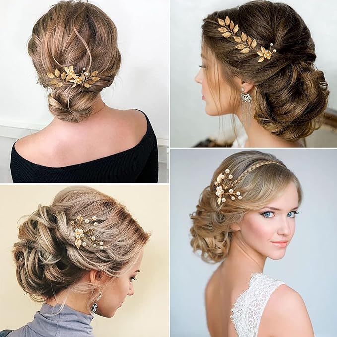 6 Pieces Bridal Wedding Hair Pins Gold Leaf Crystal Pearl Hair Pins Clips Headpiece Vintage Wedding Hair Accessories Jewelry with Rhinestone for Brides Bridesmaids Flower Girls (Lovely)