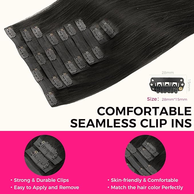 Lashey Seamless Clip in Hair Extensions Real Human Hair Extensions, 9pcs 150g Straight Remy Human Hair Extensions Clip in Long Thick 22 Inch #1B Natural Black Human Hair Extension