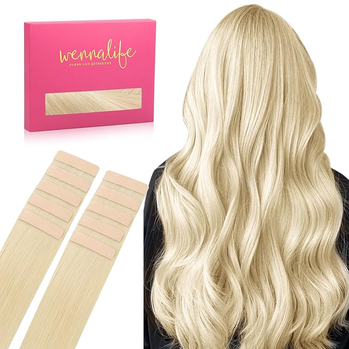 WENNALIFE Tape in Hair Extensions Human Hair Platinum Blonde Tape in Extensions, 10pcs 20g 12 inch Remy Invisible Tape Ins Straight Soft Real Human Hair Tape in Extensions Refill Set Extensions