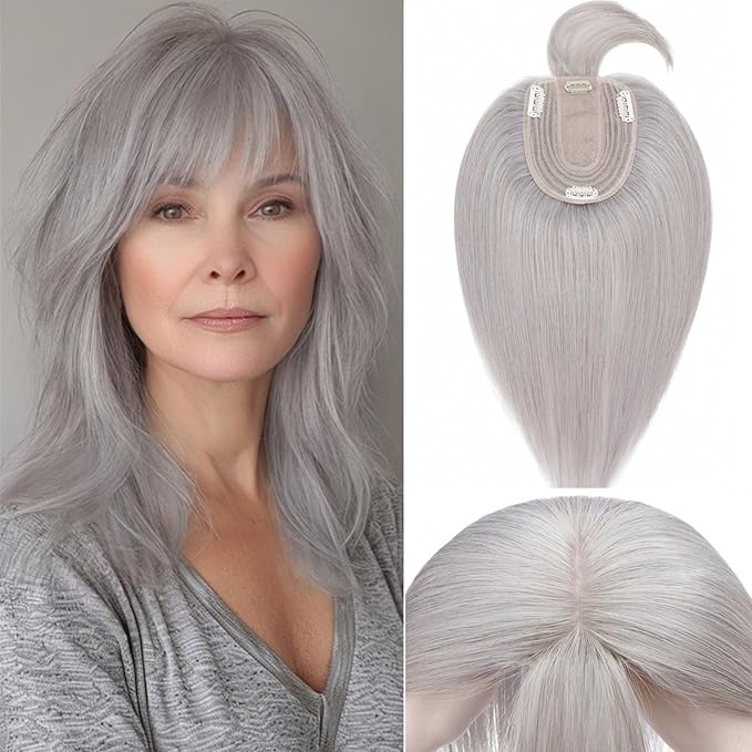 Rich Choices Real Human Hair Toppers for Women With Bang 100% Remy Human Hair Topper for Thinning Hair Clip in Silk Base Hair Topper 12 Inch GREY