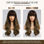 EMMOR Ombre Brown Wigs for Women Long Curly Wigs with Bangs Wave Heat Resistant Synthetic Wigs Soft Natural Looking