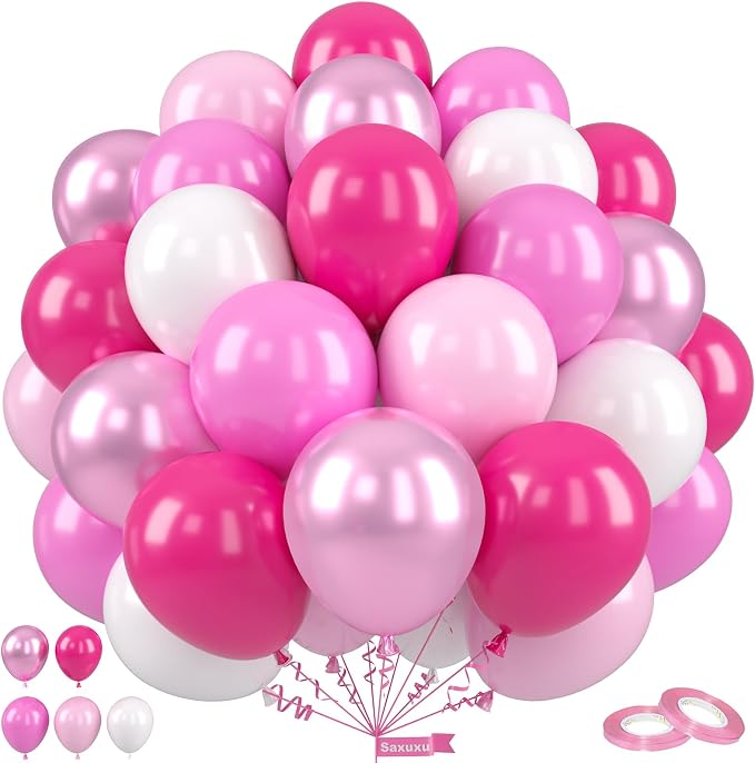 Pink Balloons, 12 Inch Hot Pink Balloons, Pastel Metallic Pink White Latex by Saxuxu