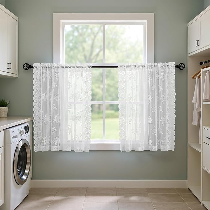 Kotile White Lace Kitchen Curtains Rustic Floral W42 x L30 Inch, 2 Panels | Rod - Image 8