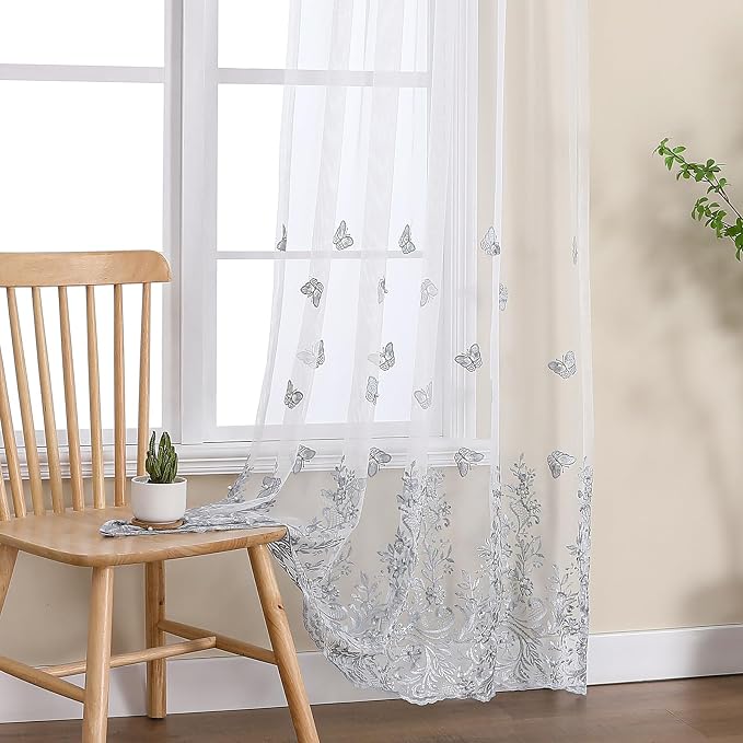 White Sheer Voile Curtains Blue Embossed Butterflies 54Wx72L Inch | Light by VISIONTEX
