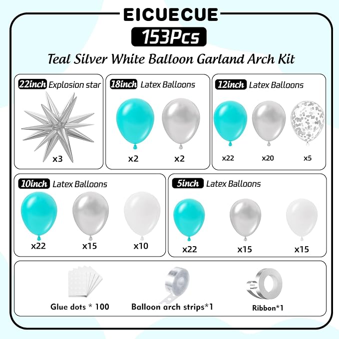 Teal Metallic Silver White Balloons Garland Arch Kit - Image 2
