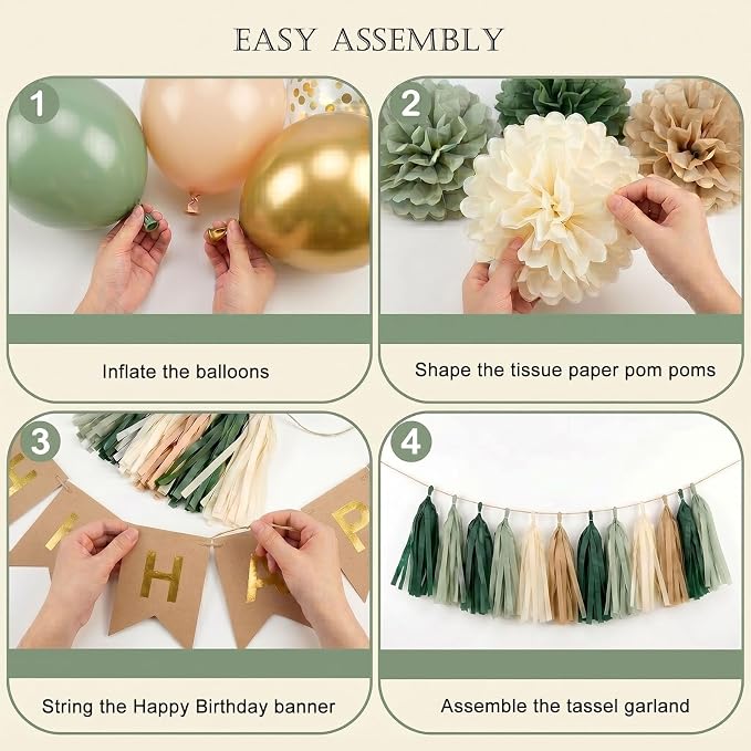 ANSOMO Sage Green Happy Birthday Party Decorations Retro Green Nude Ivory Dark - Image 6