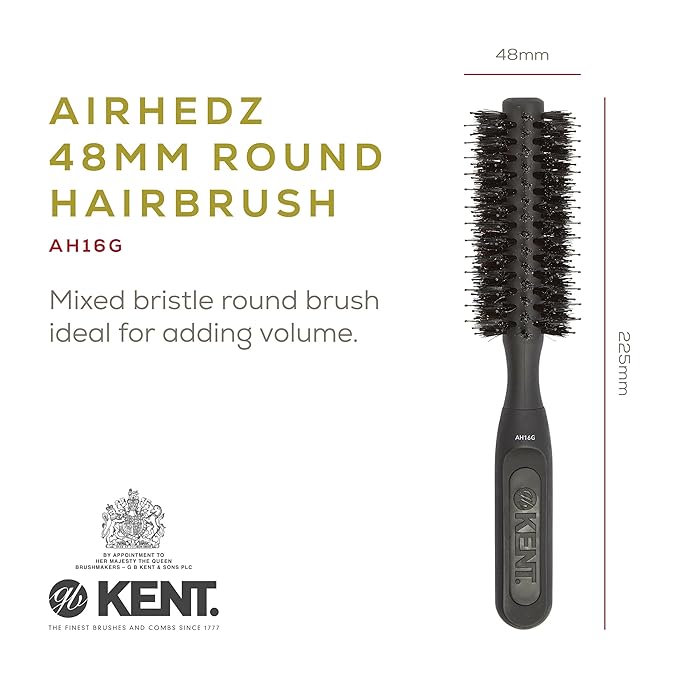 Kent AH16G AirHez Boar & Nylon Bristle Round Brush - Blow Dryer Brush for Curling, Great for Adding Volume & Root Lifting in Short Hair