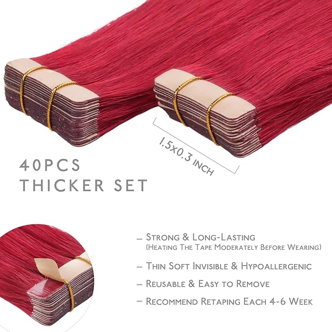 WENNALIFE Tape in Hair Extensions, 40pcs 100g 22 Inch Red Human Hair, Straight Invisible Reusable Real Extensions