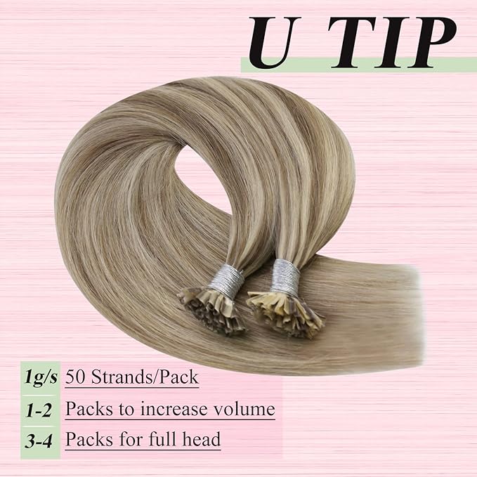 YoungSee Highlight U Tip Human Hair Extensions Light Brown Highlight Blonde Utip Extension Human Hair Silky Straight Pre Bonded K Tip Hair Extensions Add Volume Ktip Real Hair Extension 50s 50g 18in
