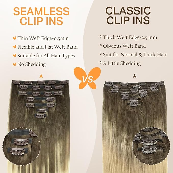 DOORES Real Human Hair Extensions, Ash Brown to Platinum Blonde, 14 Inch 110g 7pcs, Seamless Clip in Straight Hair Invisi Edge Extensions