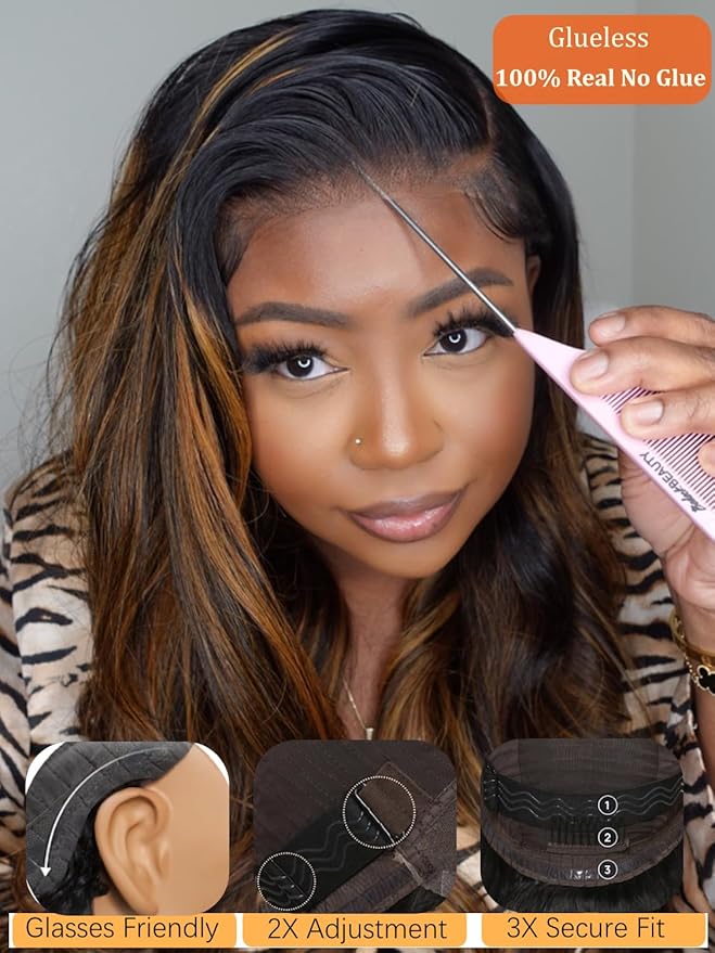 Julia Hair Bye Bye Knots Glueless Wig Highlight Balayage Brown Body Wave 7x5 Pre Cut HD Lace Front Wigs Human Hair Pre Plucked Bleached Knots Pre Everything Ready To Go Ombre Wig 16 Inch
